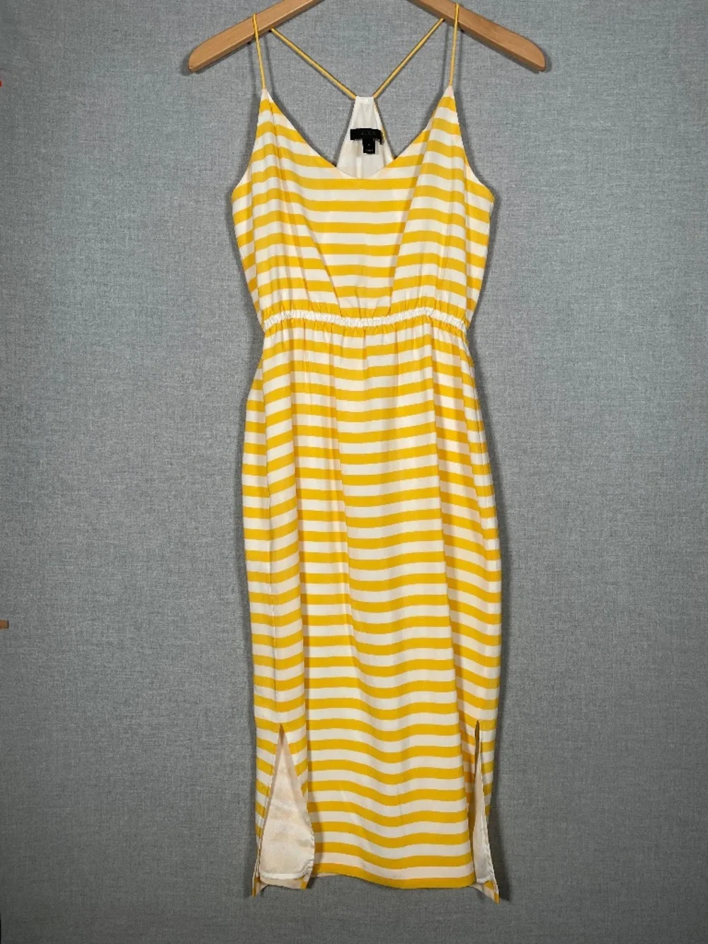 J. Crew Carrie Silk Midi Dress 0 Yellow White Stripe Cami Racerback Side Slit